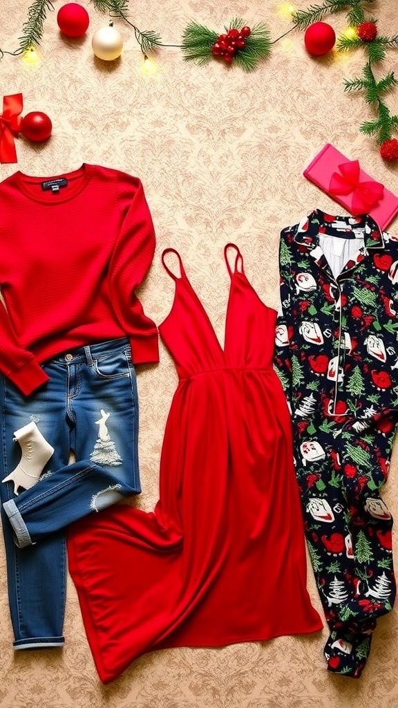 Festive Christmas Gift Outfit Ideas A collection of Christmas outfits including a sweater, dress, jumpsuit, and pajamas on a festive background.